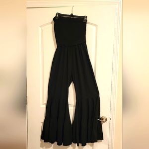 Black Main Strip Smocked Jumpsuit Size Large 12/14 Western Boho Flared